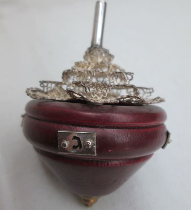 Dreidel Silver Rose Flower handmade. Sterling Silver Handmade Yemenite Filigree dreidel silver rose flower in a wood pot . Made by S. Ghatan.