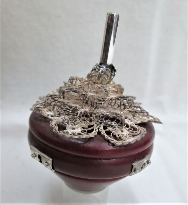 Dreidel Silver Rose Flower handmade. Sterling Silver Handmade Yemenite Filigree dreidel silver rose flower in a wood pot . Made by S. Ghatan.