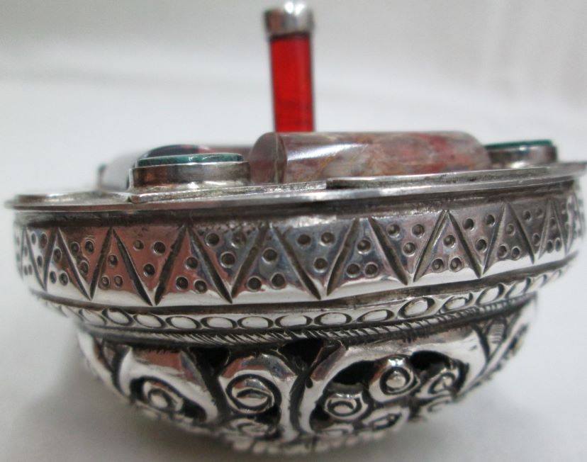 Chanukah Dreidel Silver Hammered & embossed designs. Set with 4 River stones & 8 Elat stones. Made by S. Ghatan diameter 7.4 cm X 6.5 cm.