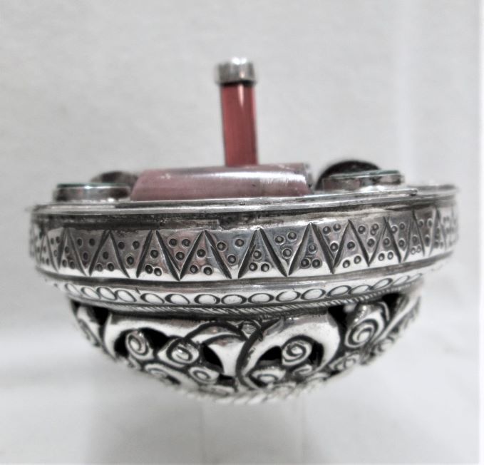 Chanukah Dreidel Silver Hammered & embossed designs. Set with 4 River stones & 8 Elat stones. Made by S. Ghatan diameter 7.4 cm X 6.5 cm.