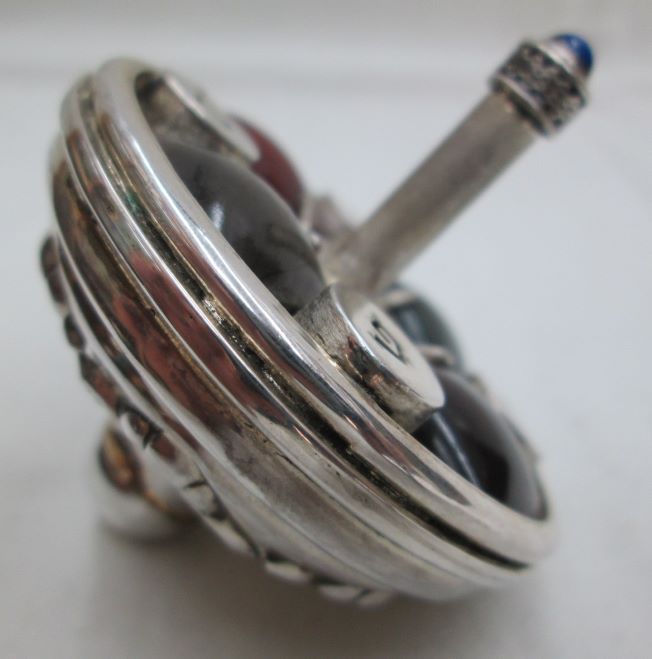 Chanukah Sevivon Silver Agates sterling silver dreidel set with 4 different color agate stones .Made by S. Ghatan diameter 6 cm X 6.5 cm.