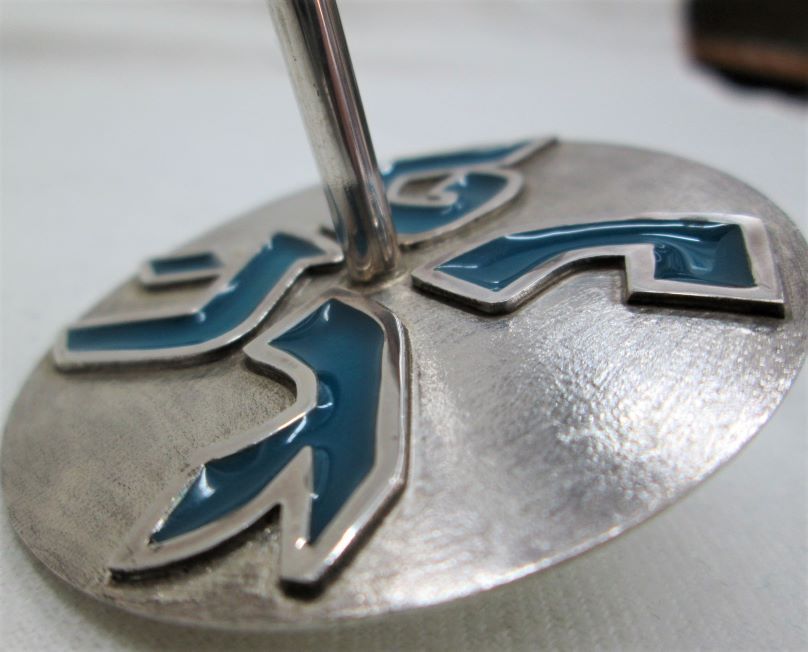 Chanukah Sevivon Silver Enameled contemporary style handmade with blue enamels made by S.Ghatan (Katan). Dimension diameter 5.5 cm X 3.7 cm.