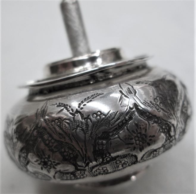 Chanuka Hanukah Dreidel Silver Hammered handmade with floral designs made by S. Ghatan (Katan).Dimension diameter 3.7 cm X 4.2 cm.