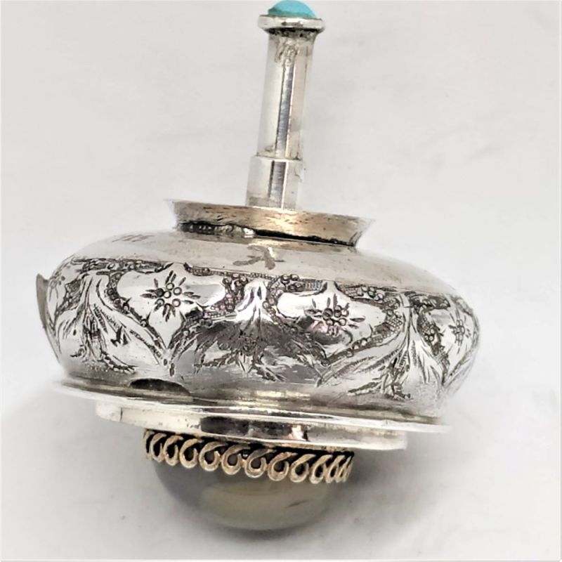 Chanuka Hanukah Dreidel Sevivon Cornelia stone Sterling Silver handmade with floral engravings set with Cornelia & a turquoise & gold plated filigree.