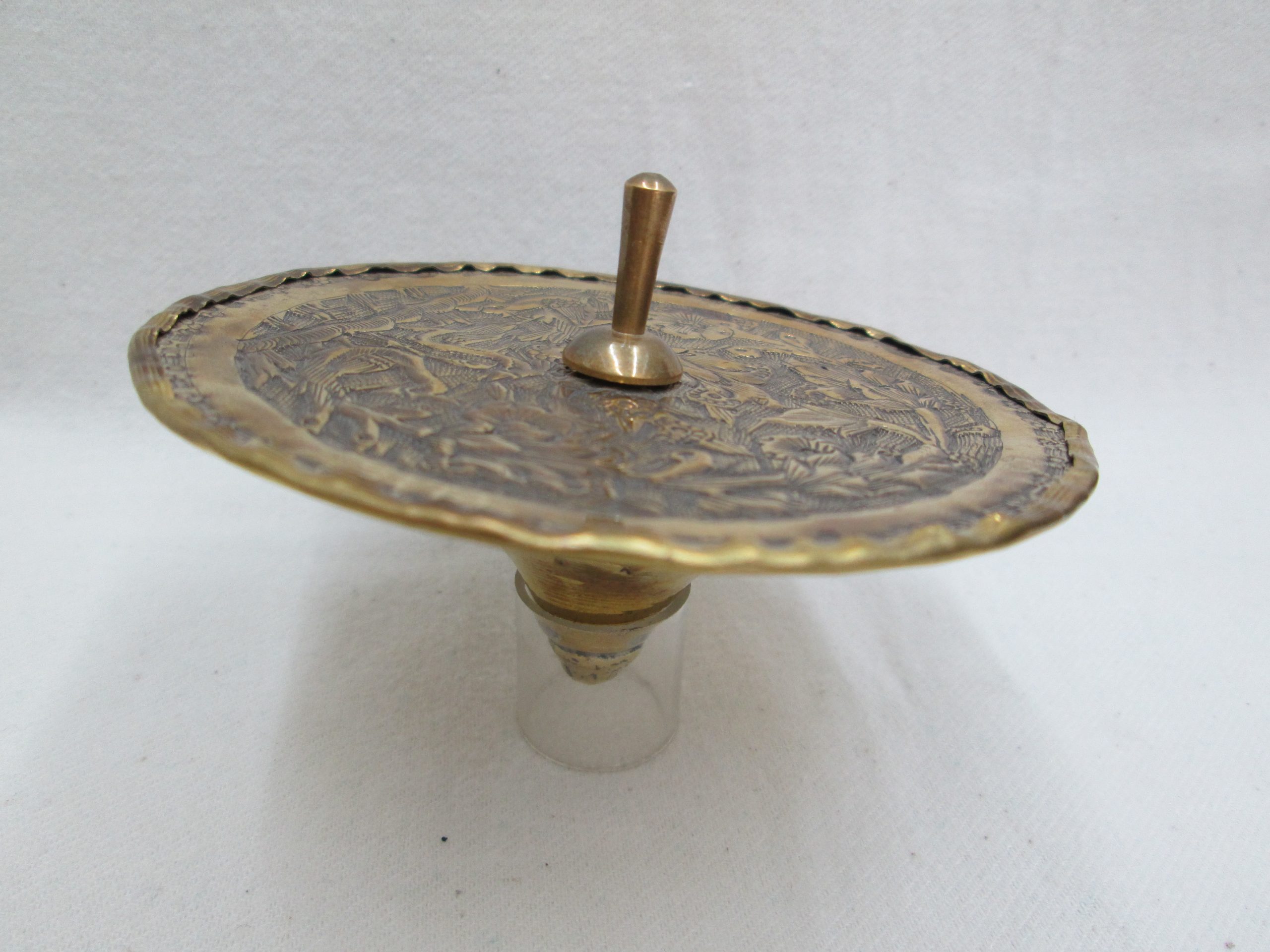Chanuka Dreidel Sevivon Brass handmade. Hammered with floral designs all around dreidel made in Israel early 1950’s. Very rare item.