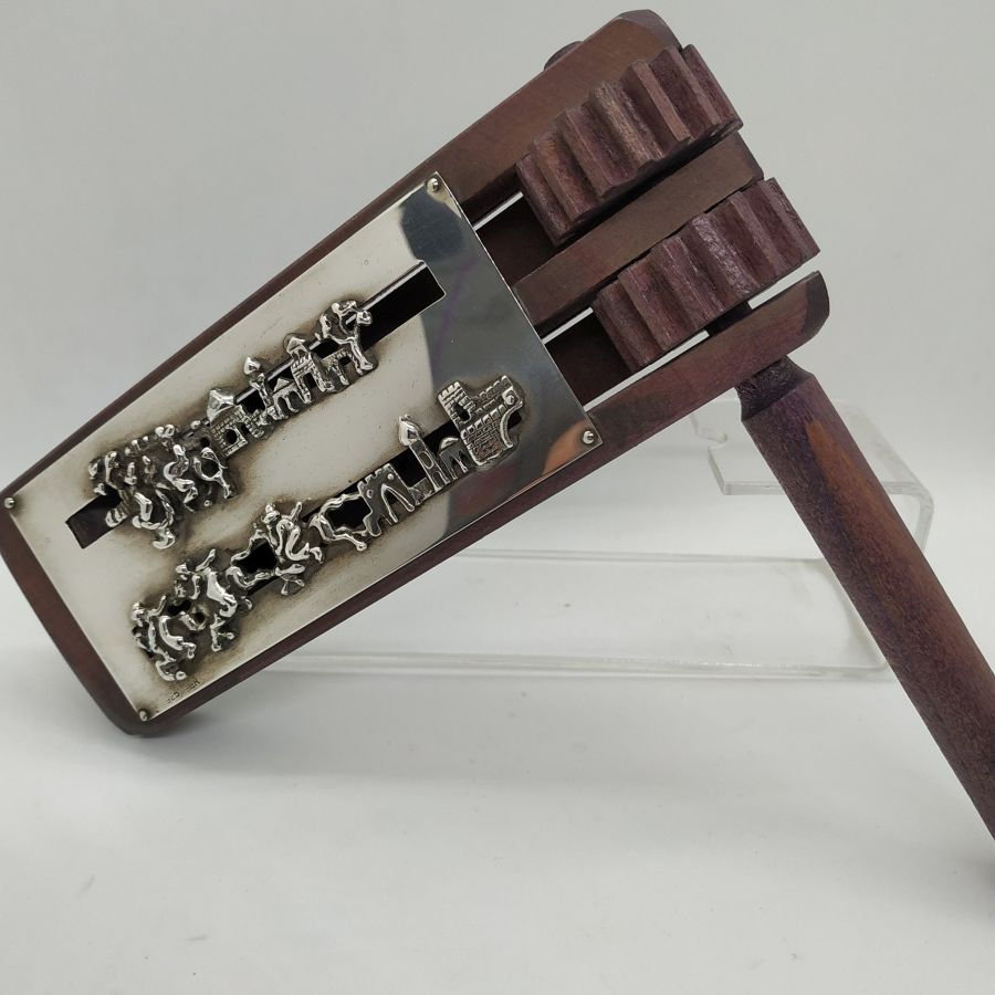 Purim Grogger Wood Silver Sterling handmade with a sterling silver scene of Mordechai riding a royal horse and led by Haman.