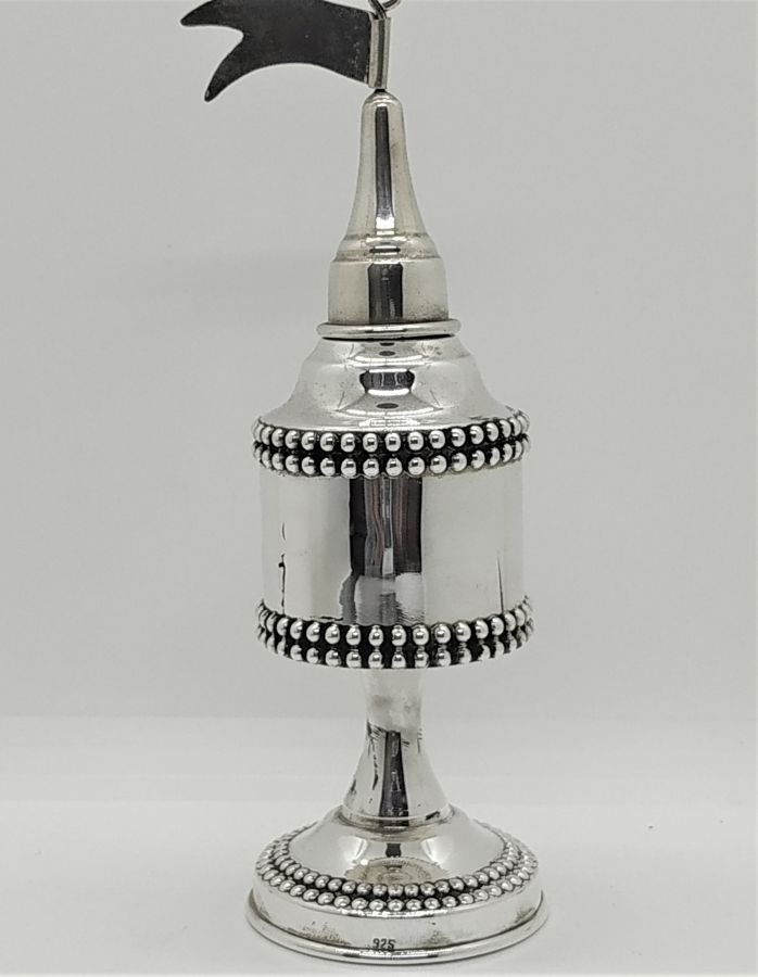 Havdalah spice box pearls handmade. Havdalah Bessamim box decorated with sterling silver pearls in two rows around tower.