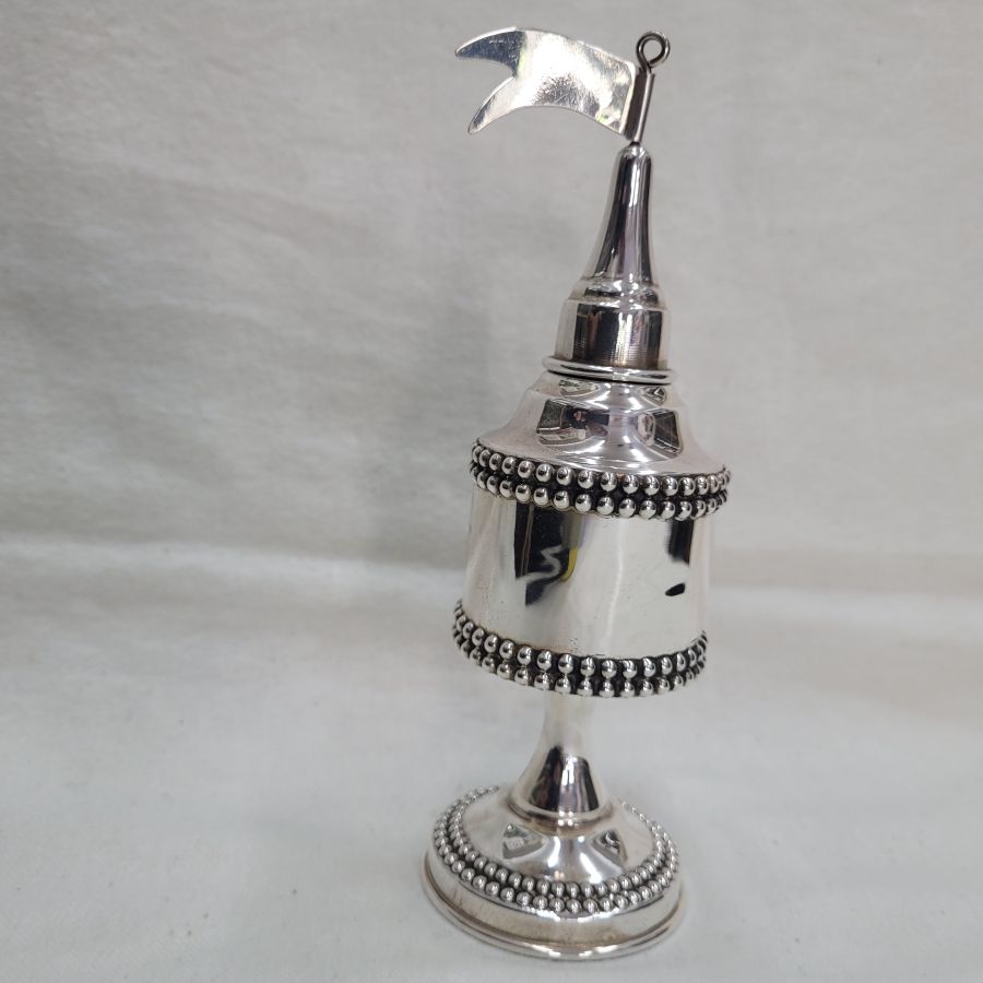 Havdalah spice box pearls handmade. Havdalah Bessamim box decorated with sterling silver pearls in two rows around tower.