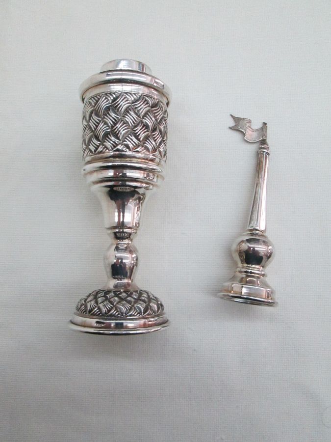 Handmade Havdalah spice box braided sterling silver tower with silver braided design around diameter 5.3 cm X 23.8 cm approximately.