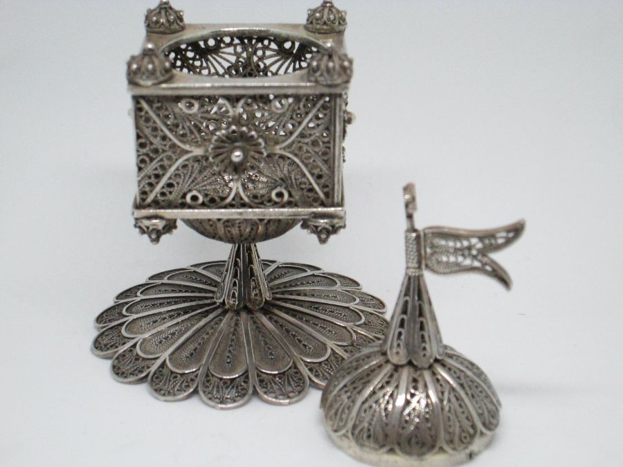 Sterling Silver tower Havdalah box fine filigree Yemenite designs. Dimension base diameter 6.2 cm X 10.7 cm approximately.