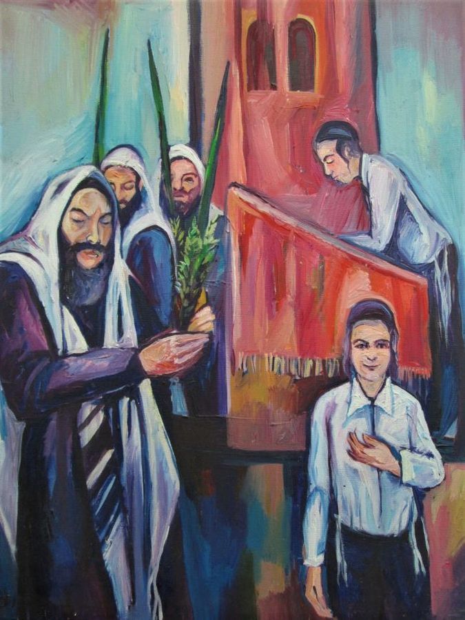 An orthodox rabbi & followers praying in Succoth with the Lulav & Etrog designed in Oil Painting Succoth Service. Dimension 41 cm X 50 cm.