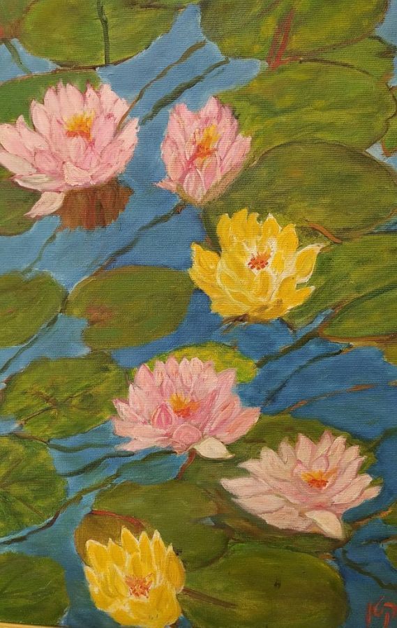 Fine Art Yellow Flowers Oil Painting on canvas by R. Katan. She drew Yellow and rose Flowers Oil Painting as well . Dimension 60 cm X 40 cm.