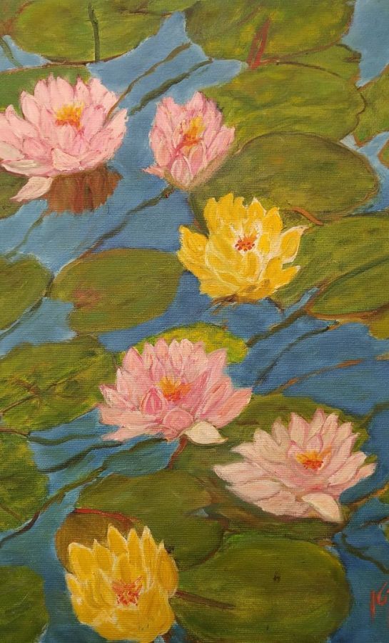 Fine Art Yellow Flowers Oil Painting on canvas by R. Katan. She drew Yellow and rose Flowers Oil Painting as well . Dimension 60 cm X 40 cm.