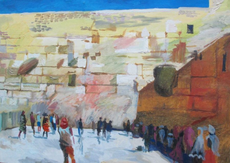 The Kotel (western wall ) with a crowd of praying people as seen and described by Sheinin in Oil Painting Kotel Sheinin 60 cm X 90 cm.