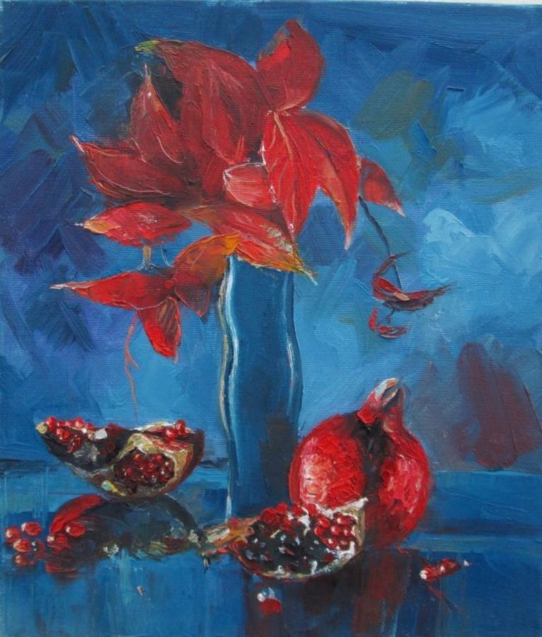A blue vase with red flowers & a couple of pomegranates as seen in Oil Painting Two Pomegranates. Dimension 35 cm X 30 cm approximately.