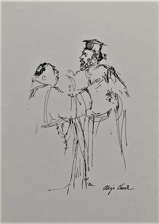 Monks Discussing Pen Drawing - Image 3