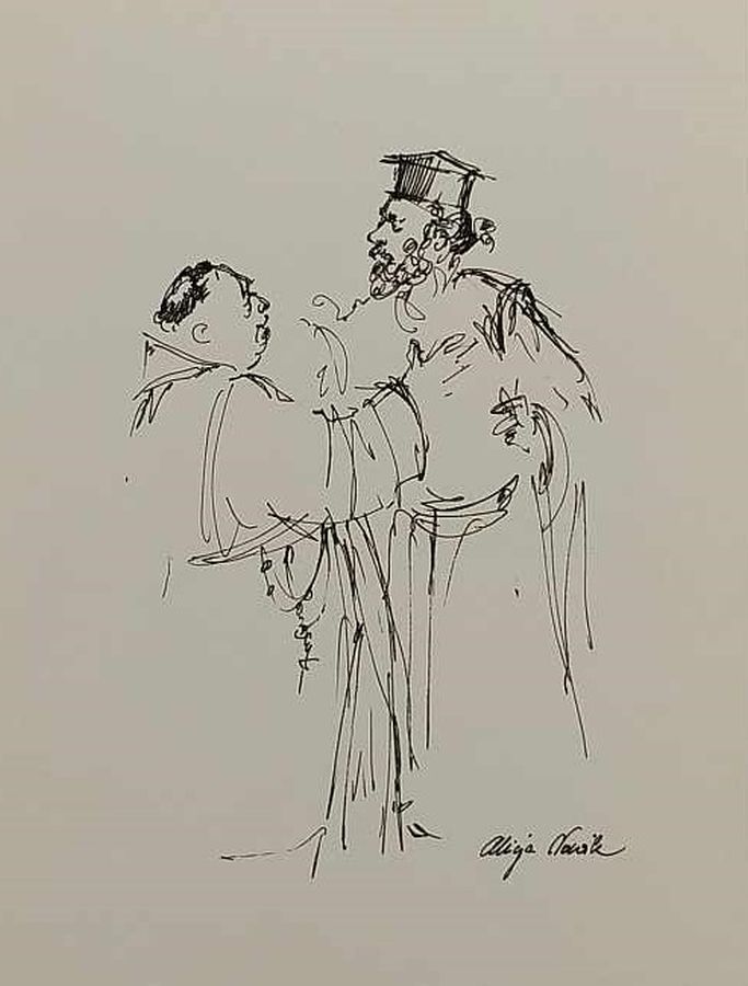 Monks Discussing Pen Drawing on paper hand painted by A.Nowik. A Greek orthodox priest and a catholic monk discussing signed by artist.