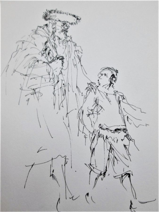 Hand painted pen drawing on paper Father Son Walking Painting by A.Nowik. Orthodox Jew covered with Jewish prayer shawl with son for prayers.