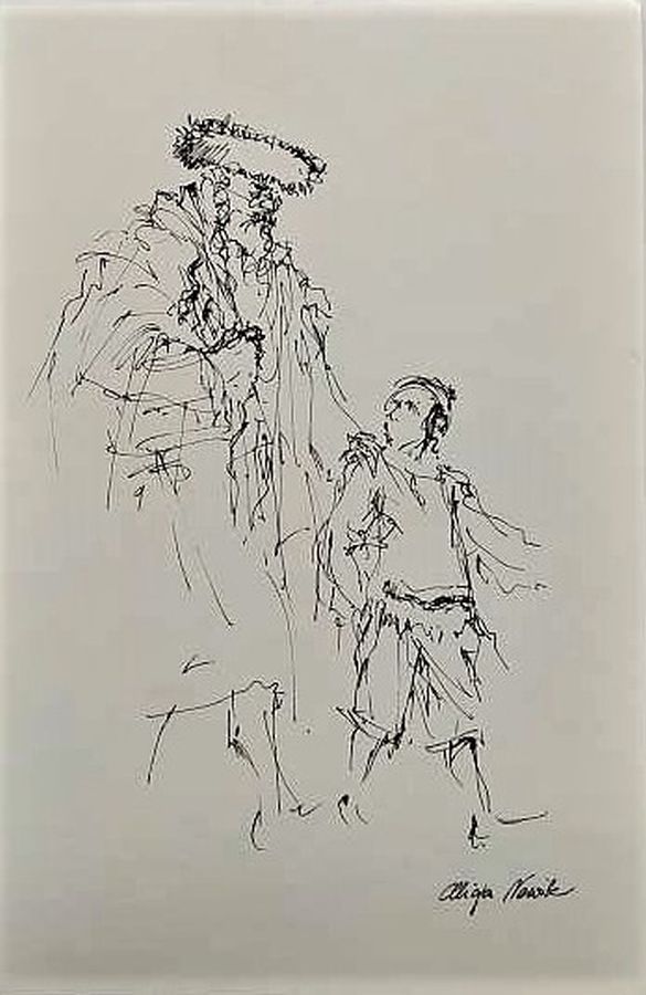 Hand painted pen drawing on paper Father Son Walking Painting by A.Nowik. Orthodox Jew covered with Jewish prayer shawl with son for prayers.
