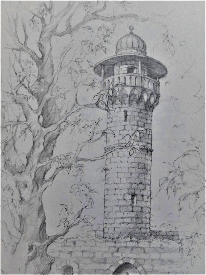 Hand painted pencil drawing on paper by A.Nowik. King David Tower Drawing it is the minaret on King David's tomb in old city Jerusalem.