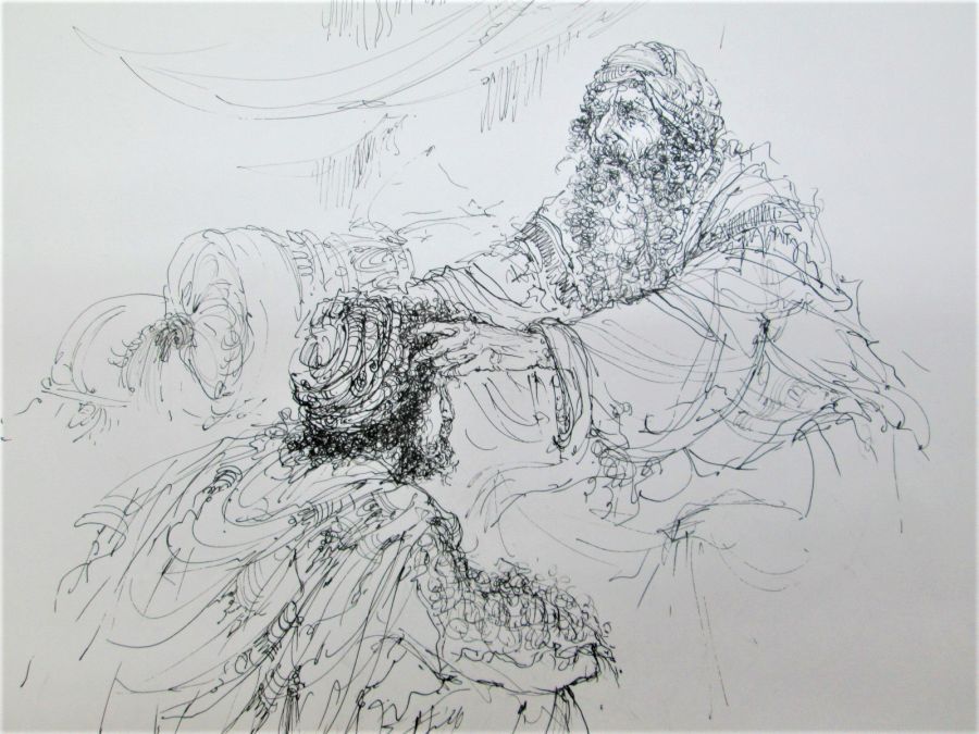 Hand painted Isaac blessing Jacob Drawing pencil drawing on paper by A. Nowik. It is done meticulously by a fine ink pen.