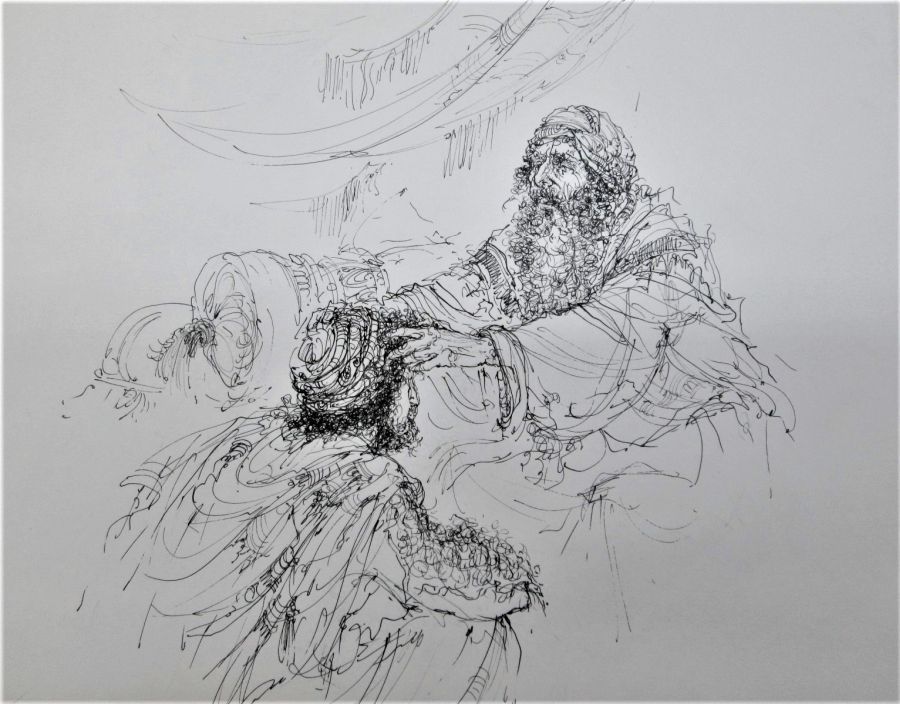 Hand painted Isaac blessing Jacob Drawing pencil drawing on paper by A. Nowik. It is done meticulously by a fine ink pen.