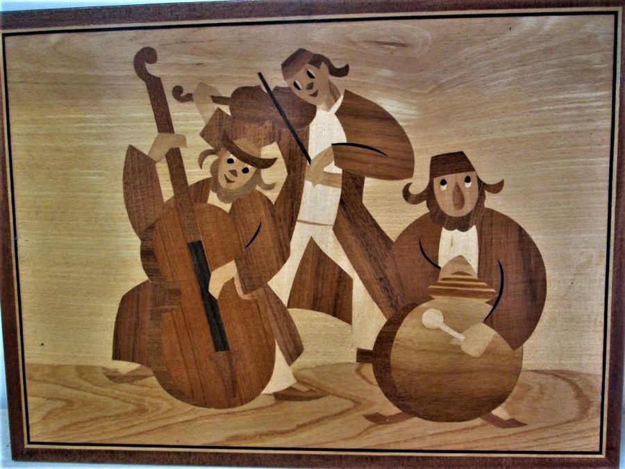 Handmade Wood Painting Klezmers Band wood paint by thin layers of different kinds and colors of woods 36 cm X 48.5 cm approximately.