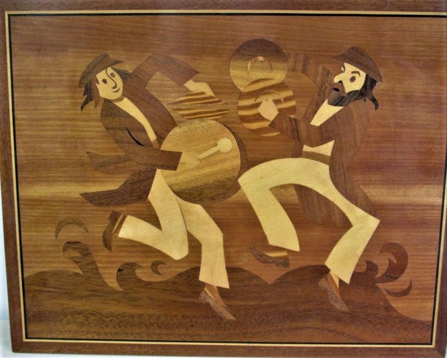 Wood Painting Klezmers Dancing wood paint by thin layers of different kinds and colors of woods 35 cm X 47.5 cm approximately.