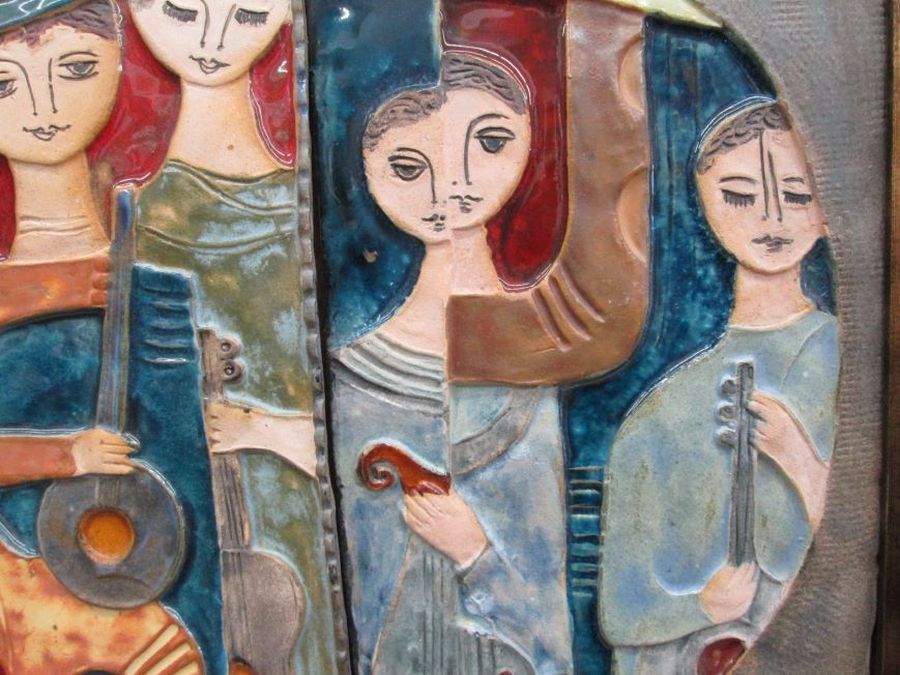King David's Musical Band Tile & friends playing their musical instruments. Hand made glazed ceramic 2 tiles pieces framed.