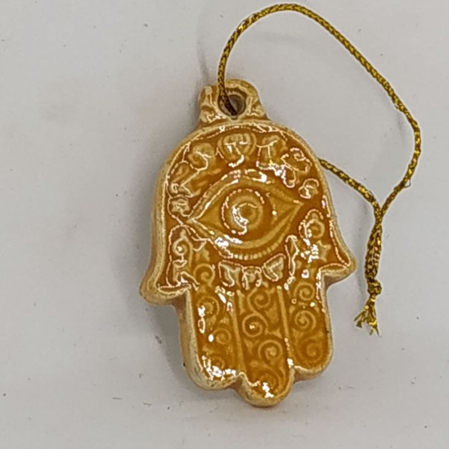 Handmade ceramic tile yellow Hamsa Khamsa Chamsa miniature size suitable for child room. Dimension 5 cm X 3 cm approximately.