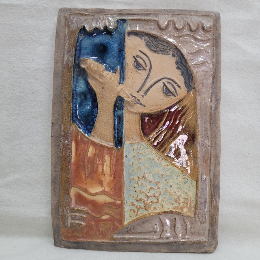 Handmade Ruth Factor glazed ceramic tile Jonathan playing flute to relax his father ( King Saul) fury. Dimension 12.5 x 18.1 approximately.