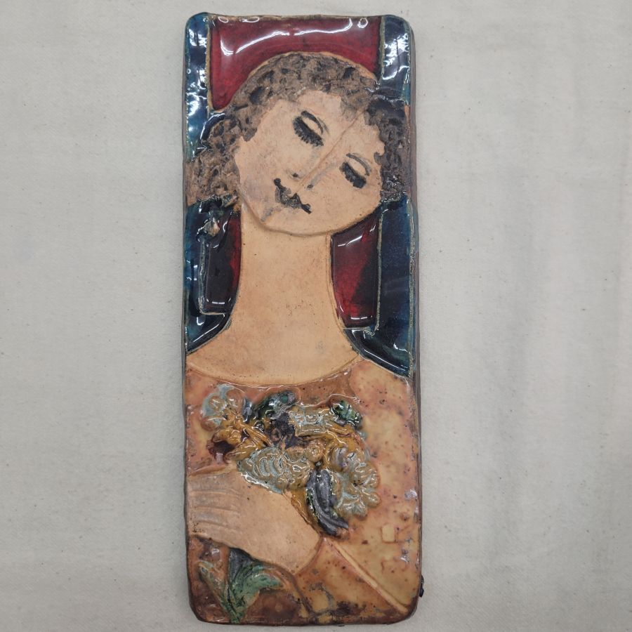 King David offered flowers as described in the glazed ceramic tile Bathsheba's flower bouquet. Dimension 21 cm X 8.3 cm approximately.