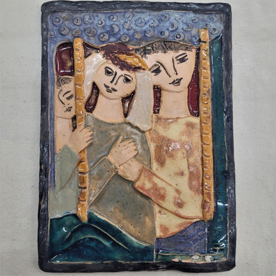 Handmade glazed ceramic Ruth ceramic tile wedding Jewish wedding scene. Ruth's signature is on separate photo. Suitable gift for wedding.