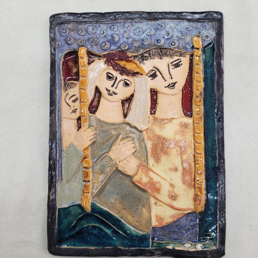 Handmade glazed ceramic Ruth ceramic tile wedding Jewish wedding scene. Ruth's signature is on separate photo. Suitable gift for wedding.