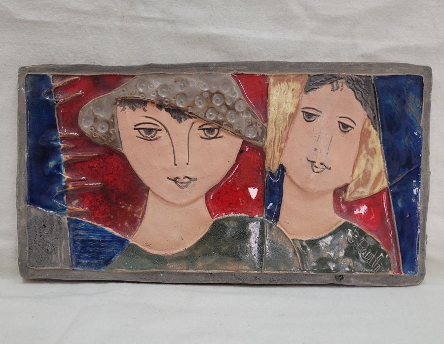 Handmade glazed ceramic rectangular Factor Ruth tile David's friend Jonathan wearing hats. Dimension 15.8 cm X 29.5 cm approximately.