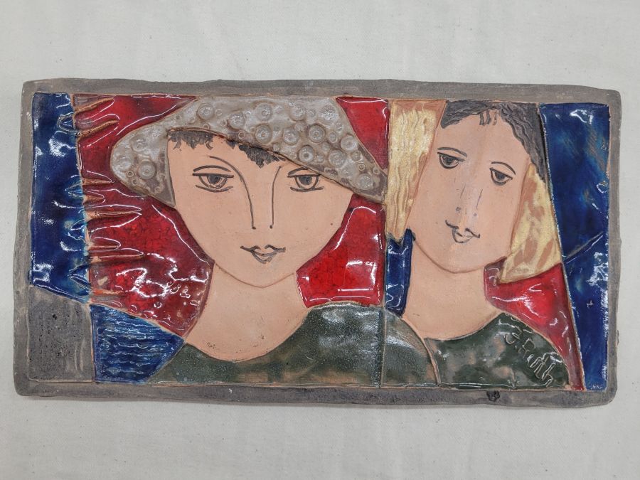 Handmade glazed ceramic rectangular Factor Ruth tile David's friend Jonathan wearing hats. Dimension 15.8 cm X 29.5 cm approximately.