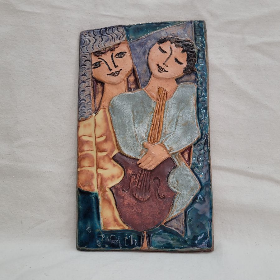 Handmade glazed ceramic tile David backing Jonathan, Jonathan playing jovial relaxing tunes. Dimension 24.3 cm X 13.3 cm approximately.