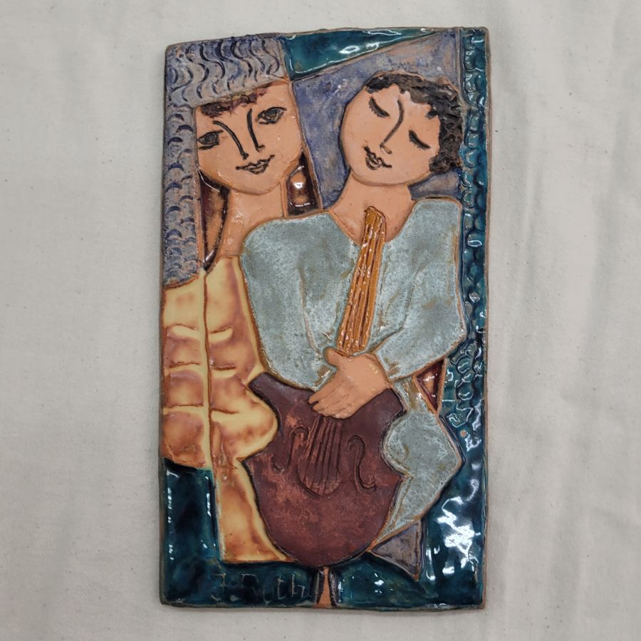 Handmade glazed ceramic tile David backing Jonathan, Jonathan playing jovial relaxing tunes. Dimension 24.3 cm X 13.3 cm approximately.