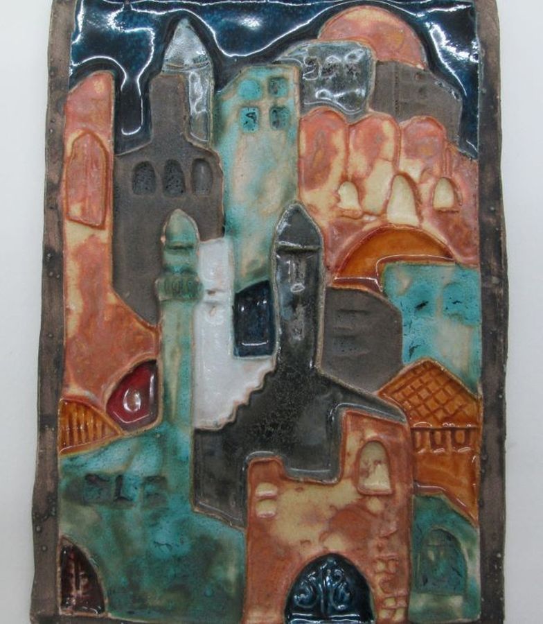 Ruth rectangle tile Jerusalem made by the famous ceramicist Ruth Factor wall hanging. Handmade glazed ceramic tile city of Jerusalem .