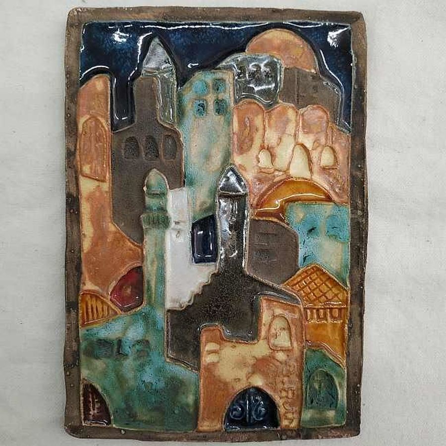 Ruth rectangle tile Jerusalem made by the famous ceramicist Ruth Factor wall hanging. Handmade glazed ceramic tile city of Jerusalem .