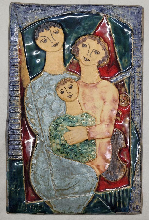 Handmade glazed ceramic tile King David , Bathsheba and young future King Solomon in Father Mother Son Tile. Dimension 25 cm X 39 cm approximately.