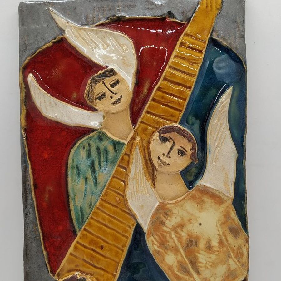 Handmade glazed ceramic tile Ruth Tile Jacob's Dream with the angels going up and getting down. Dimension 17.5 cm X 26.5 cm approximately.
