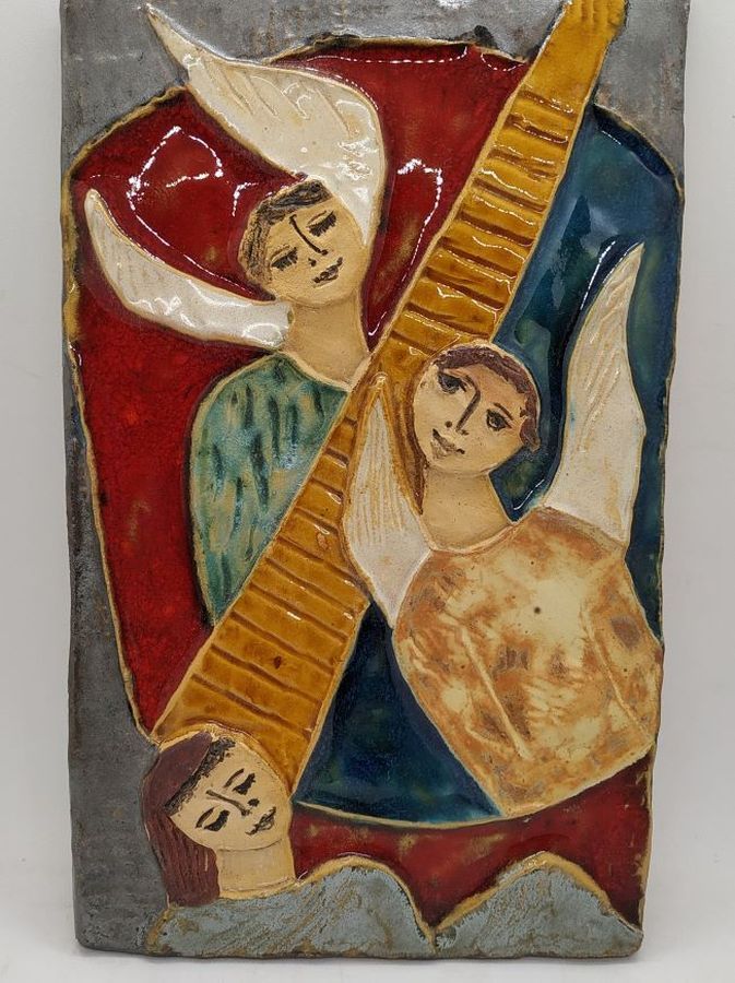 Handmade glazed ceramic tile Ruth Tile Jacob's Dream with the angels going up and getting down. Dimension 17.5 cm X 26.5 cm approximately.