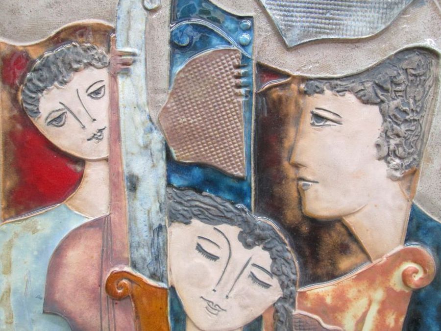 Handmade glazed ceramic tile Ruth Factor Musical Trio Jonathan & King David playing the harp & violin & Bathsheba enjoying music.