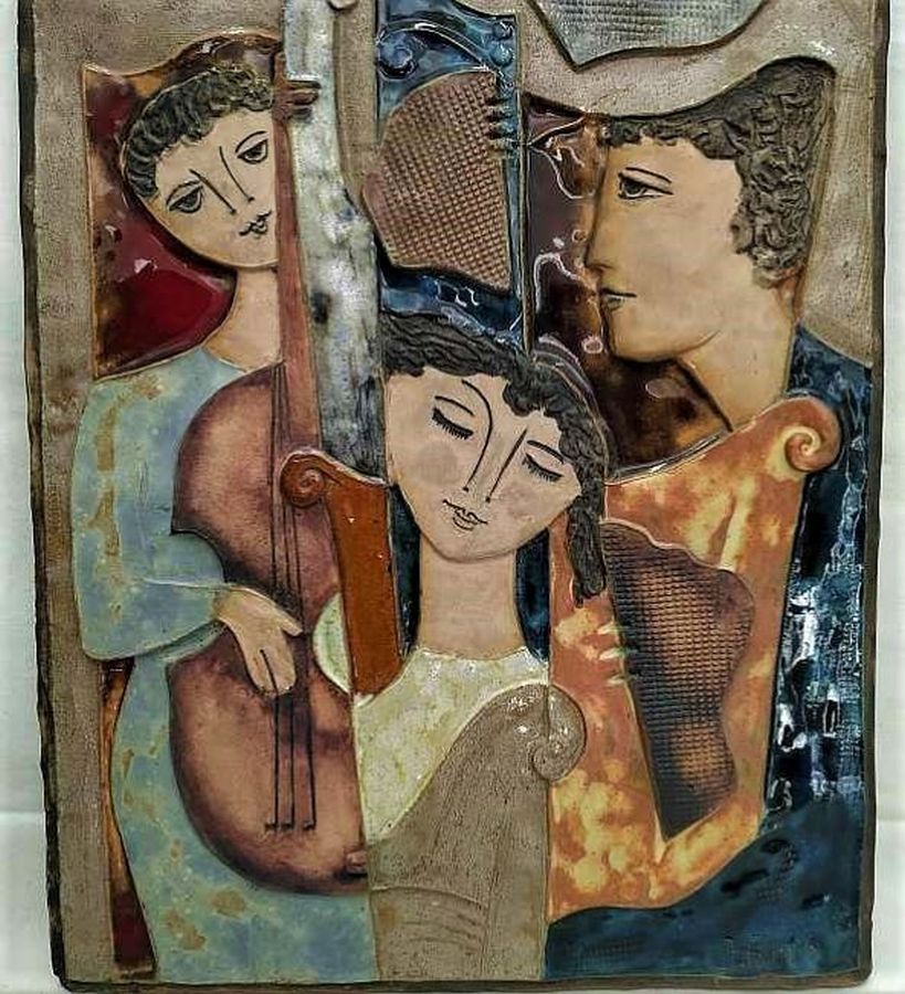 Handmade glazed ceramic tile Ruth Factor Musical Trio Jonathan & King David playing the harp & violin & Bathsheba enjoying music.