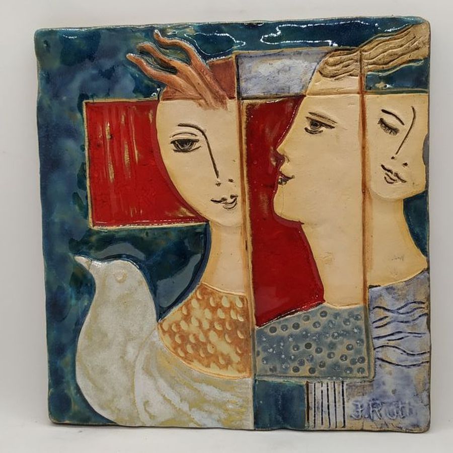 Handmade glazed ceramic tile Bathsheba King David & Jonathan seeking peace over Israel sending dove as described in Ruth Factor Peace Trio.