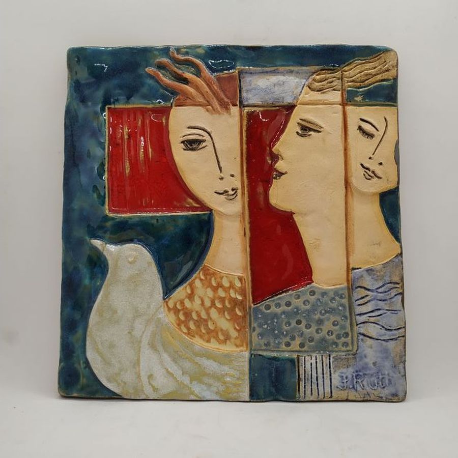 Handmade glazed ceramic tile Bathsheba King David & Jonathan seeking peace over Israel sending dove as described in Ruth Factor Peace Trio.