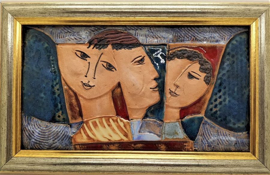 Handmade glazed ceramic and framed Ruth Tile David's Friends surrounded beloved wife Bathsheba and Jonathan.