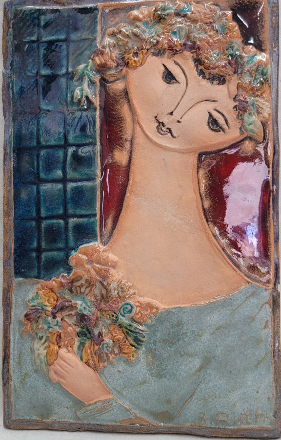 Handmade glazed ceramic Bathsheba wedding bouquet tile by Ruth Factor. Bathsheba got her wedding flower bouquet from King David.