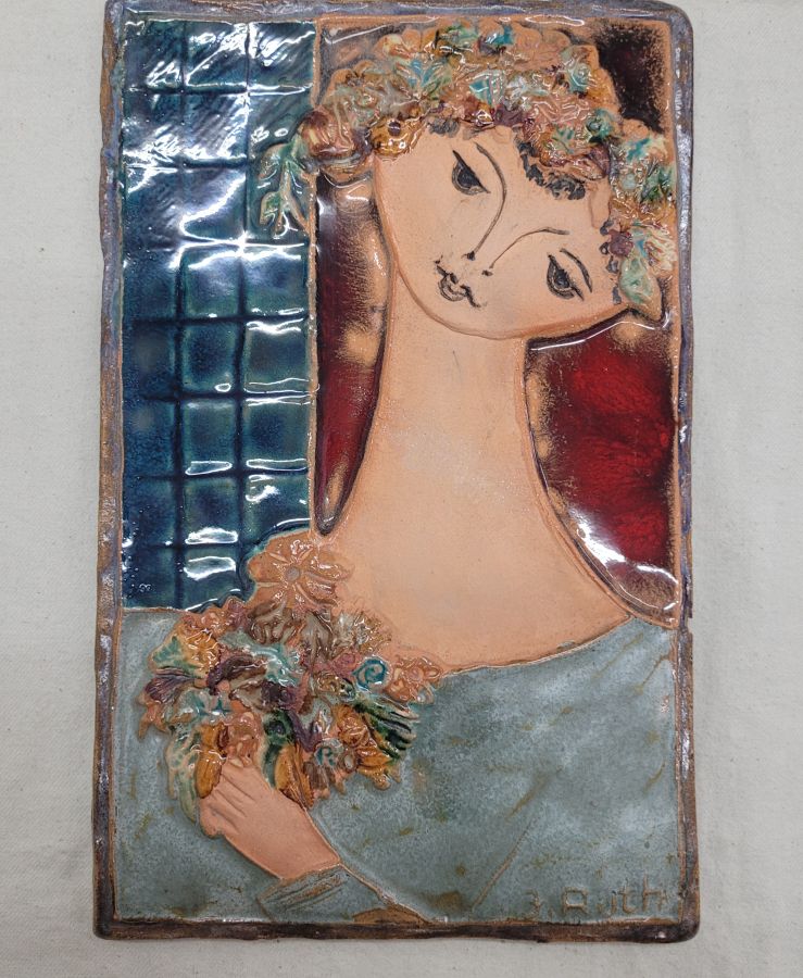 Handmade glazed ceramic Bathsheba wedding bouquet tile by Ruth Factor. Bathsheba got her wedding flower bouquet from King David.